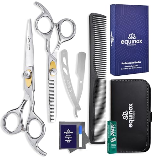 Equinox Professional Hair Scissors Set - Premium Barber Kit, Includes Hair Cutting Scissors, Thinning Shears, Straight Razor, Basic Comb, Cleaning Cloth, Oil &amp; Sandpaper - Hair Salon &amp; Barber 