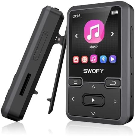 32GB Clip MP3 Player with Bluetooth 5.0, SWOFY M10 Music Player Support Max 128GB TF Card, Mini Design Ideal for Sports，FM Radio, Pedometer, A-B Repeat, Audio Shuffle Playback - Black