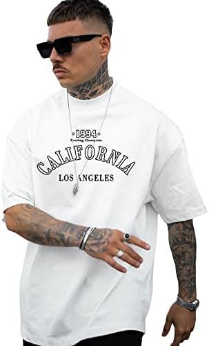 GORGLITTER Men&#39;s Crewneck T Shirt Letter Graphic Short Sleeve Casual Drop Shoulder Oversized Tee