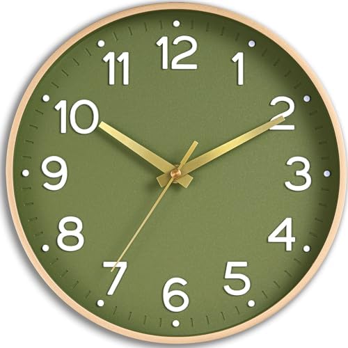 Roymnie Wall Clock Green, Silent Wall Clocks Battery Operated 8 Inch-Modern Non Ticking Analog Clock Decorative for Kitchen Office Bathroom Bedroom(Gold)