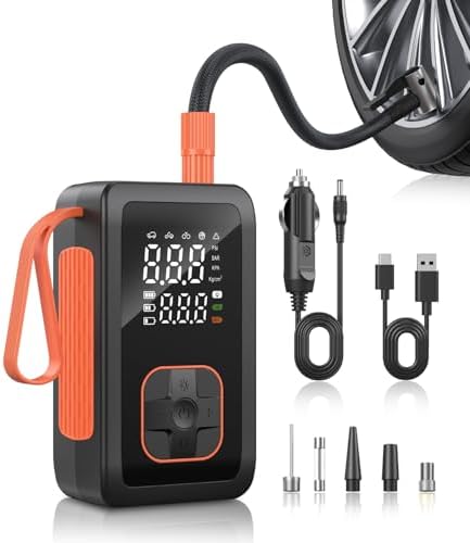 Tire Inflator Portable Air Compressor, 180PSI &amp; 15000mAh Cordless Air Pump for Car Tires with Pressure Gauge, 3X Faster Tire Pump with Cigarette Lighter Plug for Car, Motorcycle, Bicycle, Ball(Bla