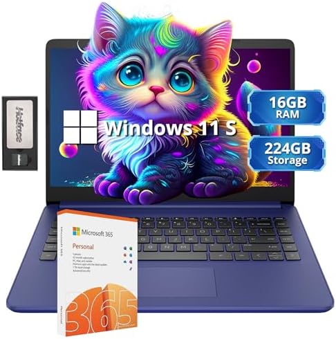HP Stream 14&#34; HD Lightweight Laptop, Intel Celeron N4120, 16GB RAM, 224GB Storage(64GB eMMC + 160GB Docking Station), Intel UHD Graphics, HD Webcam, 1 Year Office 365, WiFi, Bluetooth, Win 11s, Bl