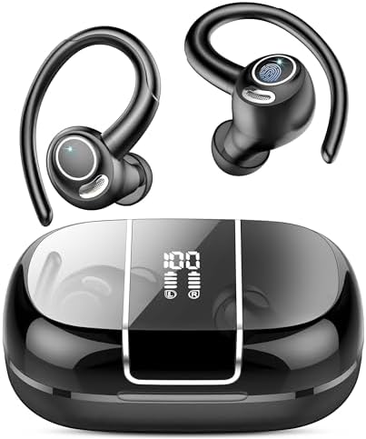 Wireless Earbuds Bluetooth 5.3 Headphones Sports, 48Hrs Playback Over Ear Buds with CVC8.0 Mic, Bass Stereo Bluetooth Earbuds with Earhooks, LED Display, IP7 Waterproof Earphones for Workout\/Running