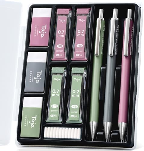 Aesthetic 0.7mm Mechanical Pencil Set with Case \u2013 3 Vintage Mechanical Pencils, 4 Tubes HB #2 Lead Refills, 3 Erasers &amp; 12 Eraser Refills, Cute Pencil Kit for Back to School Stationery Suppli