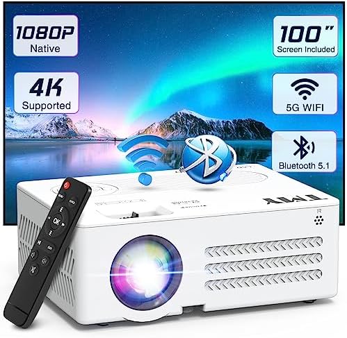 TMY Projector with WiFi and Bluetooth100&#34; screen includedNative 1080P Outdoor Projector, 4K Supported Portable Projector, Compatible with iOS\/Android\/PC\/TV Stick\/HDMI\/USB, Indoor Outdoor Use