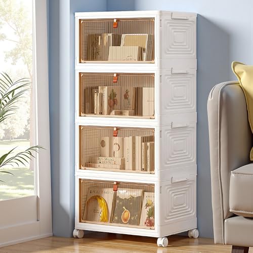 VECELO 4 Tier Storage Bins with Lid, Stackable Storage Boxes with Magnetic Doors &amp; Wheels, Foldable Storage Containers, 23 QT Closet Organizers and Storage for Living Room, Office, Dorm