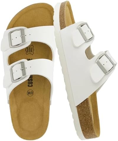 CUSHIONAIRE Lane Cork Footbed Sandals for Women \u2013 Comfortable Double Buckle Slip-On with Genuine Suede Footbed &amp; Arch Support Slides for Women Footwear