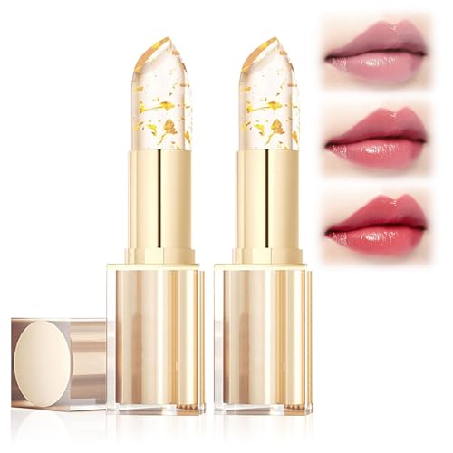WLLEADG 2Pcs Transferproof Color Changing Lipstick, Gold Crystal Color Changing Lipstick, Moisturizer Long Lasting Lip Balm for Women