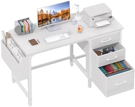 Lufeiya White Desk with Fabric File Drawers Cabinet, 47 Inch Reversible Computer Desk with Filing Cabinet for Bedroom Small Space Home Office, Modern Writing Table PC Desks, White