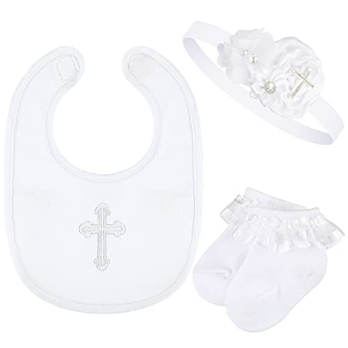 Geyoga 3 Pcs Baptism Bib for Baby Girl Baptism Candle Set Socks Pearl Headband Embroidered White Christening Outfit Bib(6-12 Months)