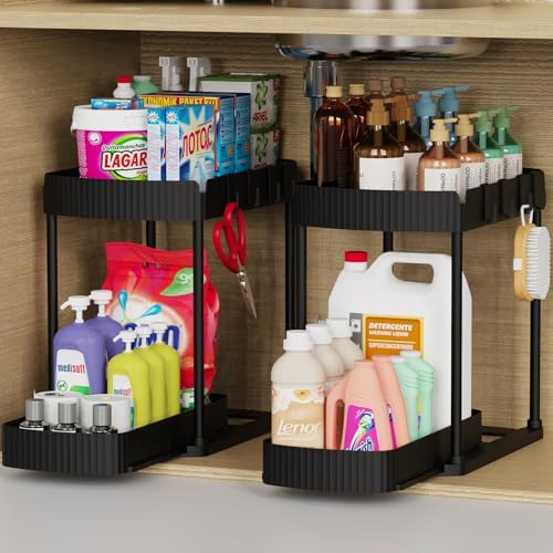 Ukeetap 2 Pack Multi-Purpose Pull-Out Storage Organizers, Under Sink Organizers and Storage for Bathroom &amp; Kitchen, Under Cabinet Organizers and storage, 12.8 Inch, Black