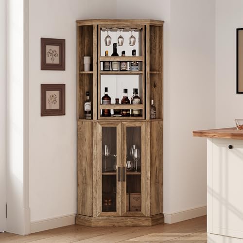 LINSY HOME Corner Bar Cabinet, 68.5&#34; Tall Farmhouse Wine Cabinet with Rotating Liquor Shelves, Home Bar Cabinet with Barn Door &amp; Adjustable Shelves for Dining Room, Living Room, Kitchen (Brown