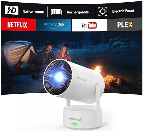 Polocsh Mini Projector, Rechargeable Portable Outdoor Smart Projector with 4K Support, Auto Keystone, Android 11 Small Projector with WiFi and Bluetooth, Electric Focus Home Theater for iphone