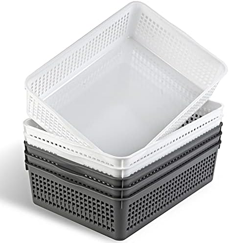 Eslite A4 Size Plastic Storage Basket,Desktop File Paper Letter Organizer Tray, 6-Packs (White+Grey)