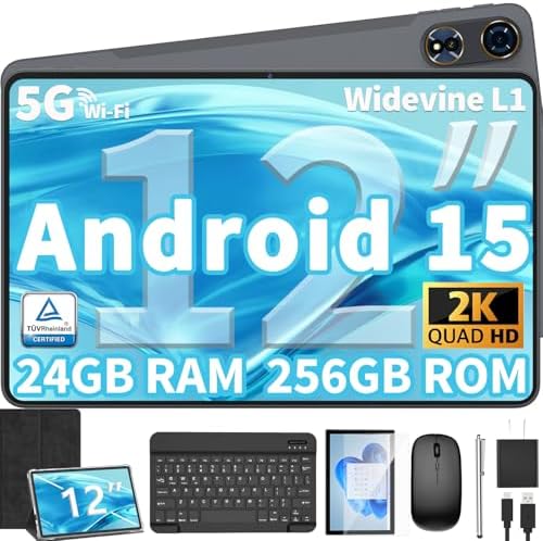 12 Inch Tablet Android 15 Tablets, 2025 Upgraded Android Tablet with Keyboard, 24GB RAM+256GB ROM(1TB Expand), Octa-Core, 2K 2000x1200 Display, 16MP Dual Camera, 8000mAh, 2.4G\/5G WiFi, GPS (Black)
