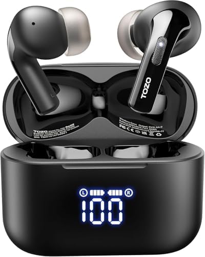 TOZO T20 Wireless Earbuds Bluetooth Headphones 48.5 Hrs Playtime with LED Digital Display, IPX8 Waterproof, Dual Mic Call Noise Cancelling 10mm Broad Range Speakers, 2025 Version