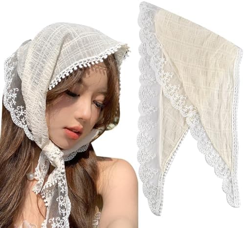 Floral Hair Scarf Headband for Women White Lace Hair Bandana Head Kerchief Tie Back Headwrap,Vintage Bandanas Scarf Boho Headbands Headscarf, Triangle Head Scarf Hair Accessories for Hair Styling