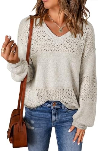 SHEWIN Women&#39;s Sweaters Casual Long Sleeve V Neck Lightweight Crochet Pullover Sweater Tops