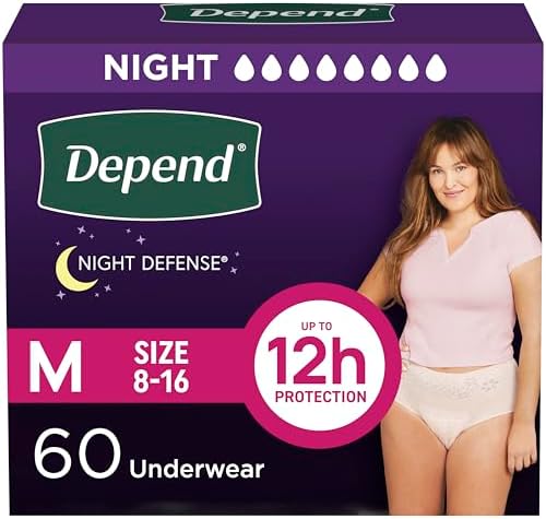 Depend Night Defense Adult Incontinence &amp; Postpartum Bladder Leak Underwear for Women, Disposable, Overnight, Medium, Blush, 60 Count (4 Packs of 15), Packaging May Vary
