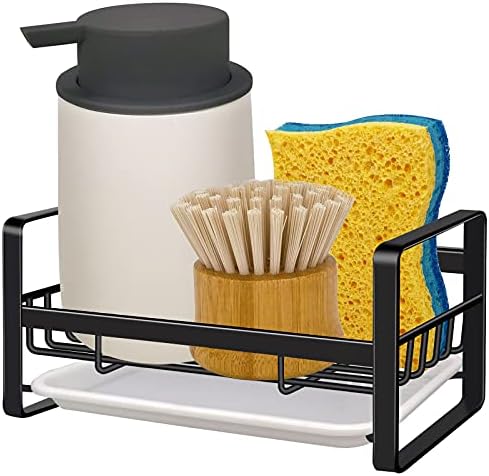 VANTEN Kitchen Sink Caddy Sponge Holder Sink Organizer, Sink Tray Drainer Rack, Soap Dish Dispenser Brush Holder Storage Accessories -Countertop or Adhesive