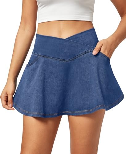 IUGA Stretchy Denim Skort V-Waist Jean Skort with Pockets High Waisted Mini Jean Skirt with Shorts Underneath