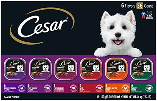 Cesar Wet Dog Food Classic Loaf in Sauce Grilled Chicken, Filet Mignon, Porterhouse Steak, Beef, Chicken &amp; Liver and Turkey Variety Pack 3.5 oz. Easy Peel Trays (36 Count, Pack of 1)