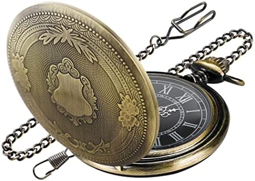 Realpoo Bronze Smooth Cover Roman Men&#39;s Quartz Pocket Watch, Black Roman Digital Dial with Chain
