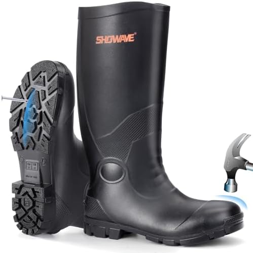 Showave Steel Toe Boots for Men Rubber Work Boot Waterproof Durable Concrete Booties for Hunting Manufacturing Construction