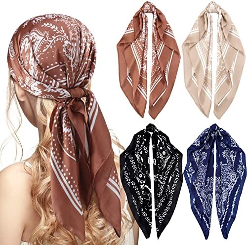 Syhood 4 Pcs 27&#39;&#39; Square Satin Head Scarves Satin Bandanas for Women Headband Scarves Silk Feeling Scarf Boho Headwear