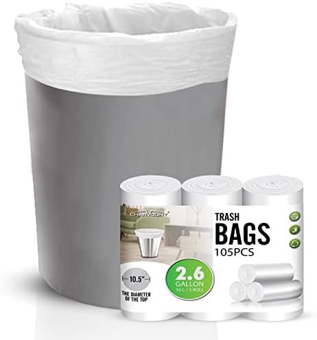 Charmount Small Trash Can Liners, Garbage Bags for Bathroom, Kitchen, Office, Bedroom, 2.6 Gallon, Unscented,105 Counts (White) \u2026