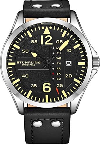 Stuhrling Original Mens Leather Watch -Aviation Watch, Quick-Set Day-Date Leather Band with Steel Rivets,