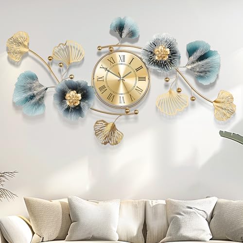 Axioglo Large Wall Clock,3D Creative Metal Ginkgo Leaf Decoration Clock, with Silent Movement Decorative Wall Clock,Large Wall Decor, for Living Room Bedroom Kitchen Office（32&#39;&#39;x18&#39;&#39; ）