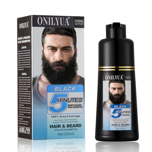 Men&#39;s Long-Lasting Black Hair Dye &amp; Root Touch Up for Gray Coverage - 5 Minute Natural Beard &amp; Mustache Coloring Shampoo 3-in-1