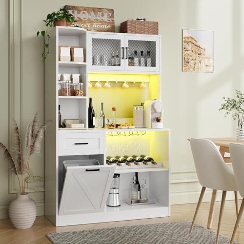 DynJest 67.3&#34; Tall Modern Kitchen Pantry Storage Cabinet with Drawer and Shelves, Tilt Out Trash Can, Coffee Bar Wine Cabinet with LED Lights and Power Outlet, Wine Glass Rack, 2 Mesh Doors (White