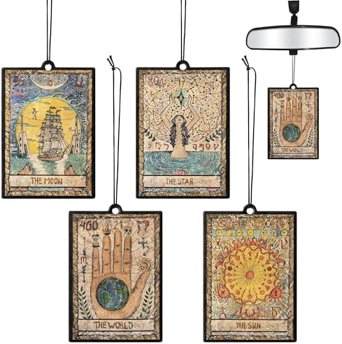 L1rabe 4P Vintage Tarot Car Air Fresheners, The Star World Sun Moon Hanging Air Freshener Fragrance Scented Cards Old Style Tarot Theme Car Aromatherapy Tablets Bedroom Wardrobe Shoe Cabinet Deodorant