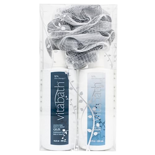 Vitabath Spa Skin Therapy Everyday Skincare Set Moisturizing Shower Gel Wash, Reviving Lotion &amp; Exfoliating Body Scrubber Pouf - Refreshing Foam Cleanser &amp; Dry Skin Hydration for Women &amp; M