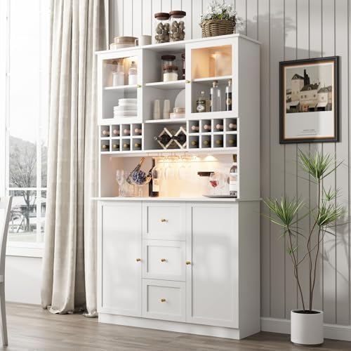 VOWNER 78&#39;&#39; Bar Cabinet with LED Light and Storage Shelves, Tall Freestanding Liquor Cabinet with Wine &amp; Glasses Rack, Storage Cabinet for Kitchen,Dining Room, White