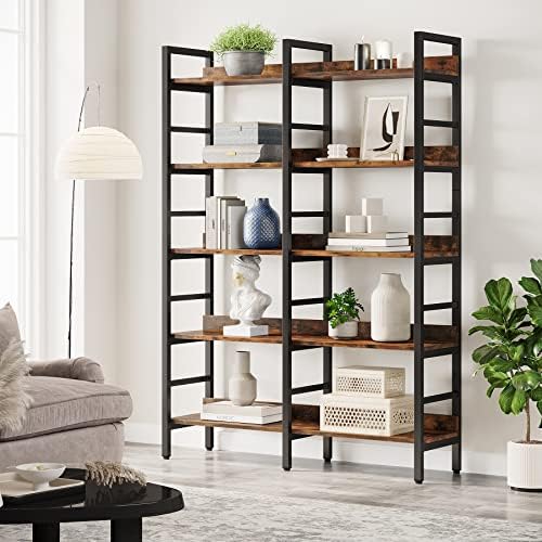 Tribesigns 5-Tier Industrial Bookshelf, 71\u201DH x 47\u201DW Etagere Bookcase, Freestanding Double Wide Book Shelf for Storage and Display, Wood and Metal Bookshelves for Living Room Home Office, Rus