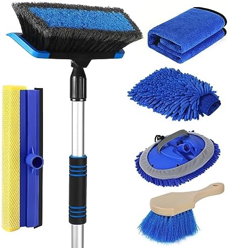 Wontolf 62&#39;&#39; Car Wash Brush with Long Handle, Scratch-Free Soft Bristles Sturdy Car Wash Mop Kit, Complete Car Cleaning Brush Kit Wash Mitt Towel Windshield Squeegee Wheel Tire Brush for Car T