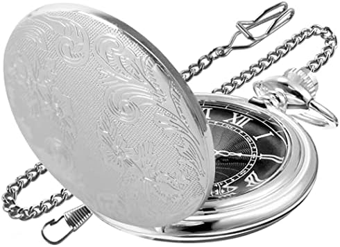 Realpoo Both Sides Sliver Carved Flower Quartz Pocket Watch - Quartz Movement, Pocket Watch with Chain Clip for Men - Silver
