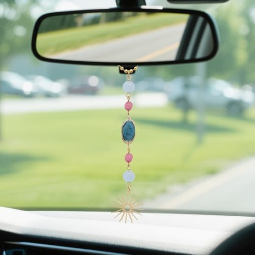 CASONA Sun Car Charm,Boho Rear View Mirror Hanging Car Decor,Cute Handmade Blue Red Crystal Stone Healing Dangling Ornament Pendant for Women Teens