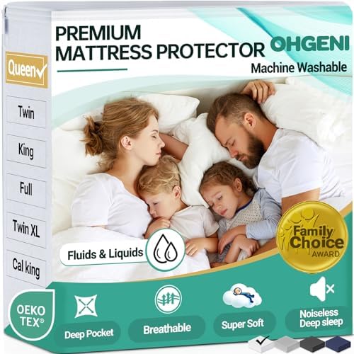 OhGeni 100% Waterproof Mattress Protector, Queen Size, Fitted Sheet with Deep Pockets, 6&#39;&#39;-18&#39;&#39;, Premium Noiseless Breathable Soft Material, Mattresses Cover for Bed