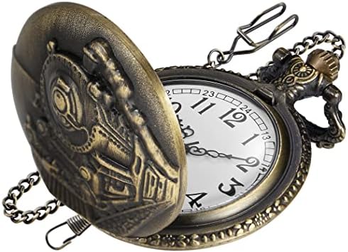Realpoo Locomotive Bronze Pocket Watch for Men,Arabic Numerals White Dial Pocket Watches for Men, Men&#39;s Pocket Watch with Chain